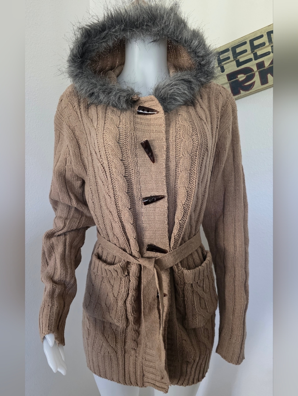 NWT Jon & Anna M Y2K Cable Knit Toggle Button Faux Fur Hood Cardigan Sweater